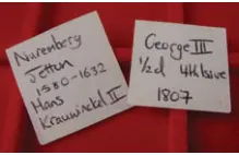 Examples of labels and stackable storage cases for coins.
