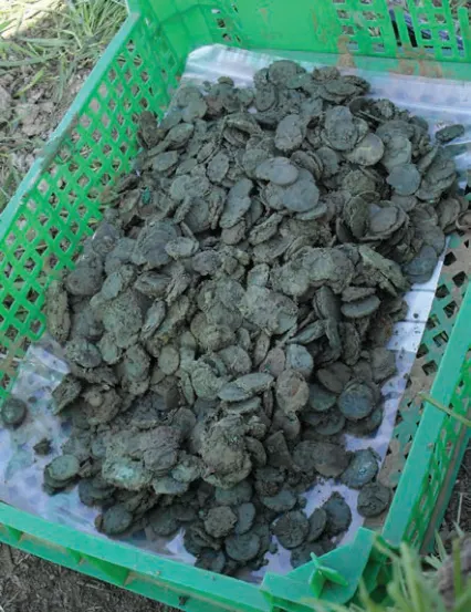 One layer of about 600 coins at a time, removed across half of the pot, then bagged up and marked.